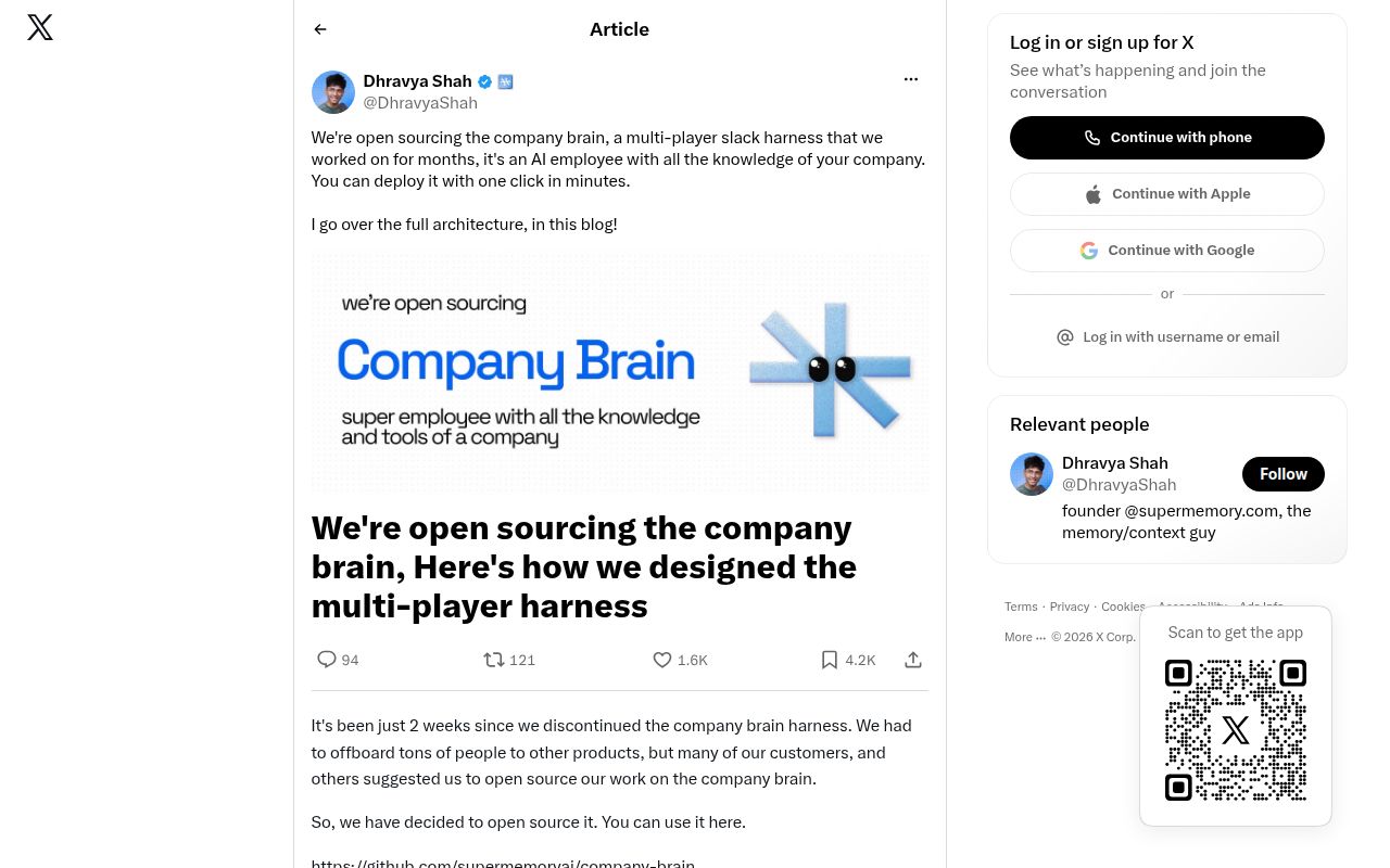 Screenshot of company-brain (x.com/DhravyaShah/status/2103668051468300701?s=20)