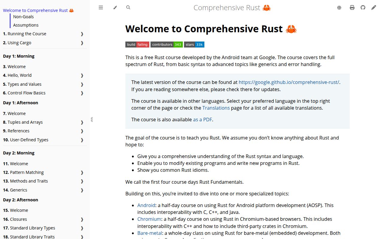 Screenshot of comprehensive-rust (google.github.io/comprehensive-rust)