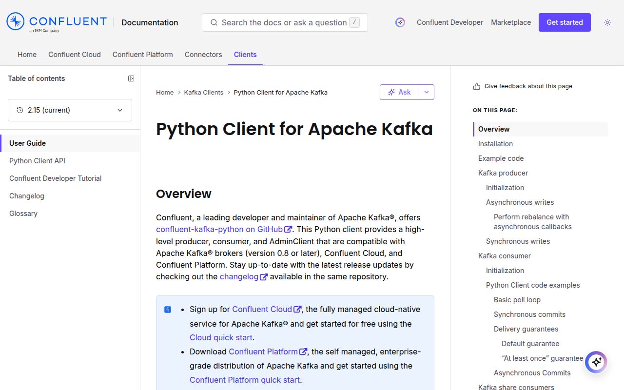Screenshot of confluent-kafka documentation