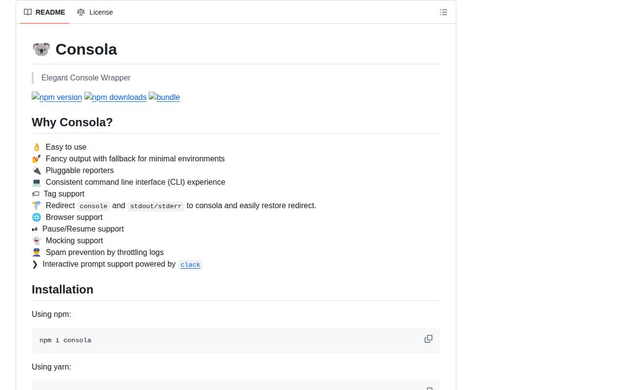 Screenshot of consola documentation