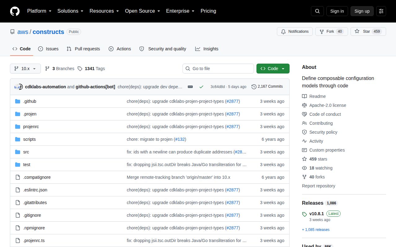 Screenshot of constructs documentation