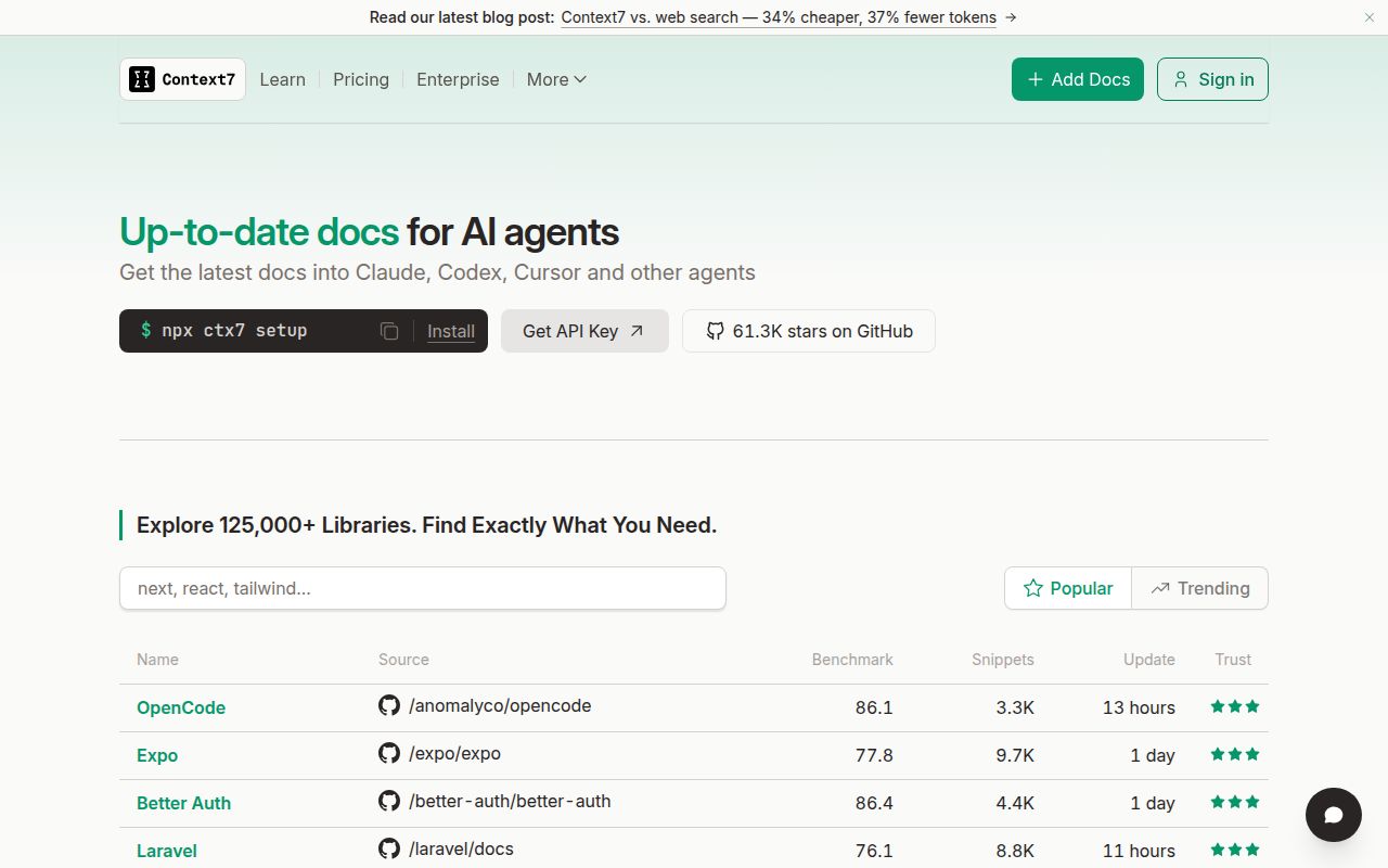 Screenshot of context7 (context7.com)