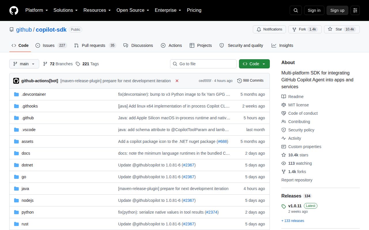 Screenshot of copilot-sdk (github.com/github/copilot-sdk)