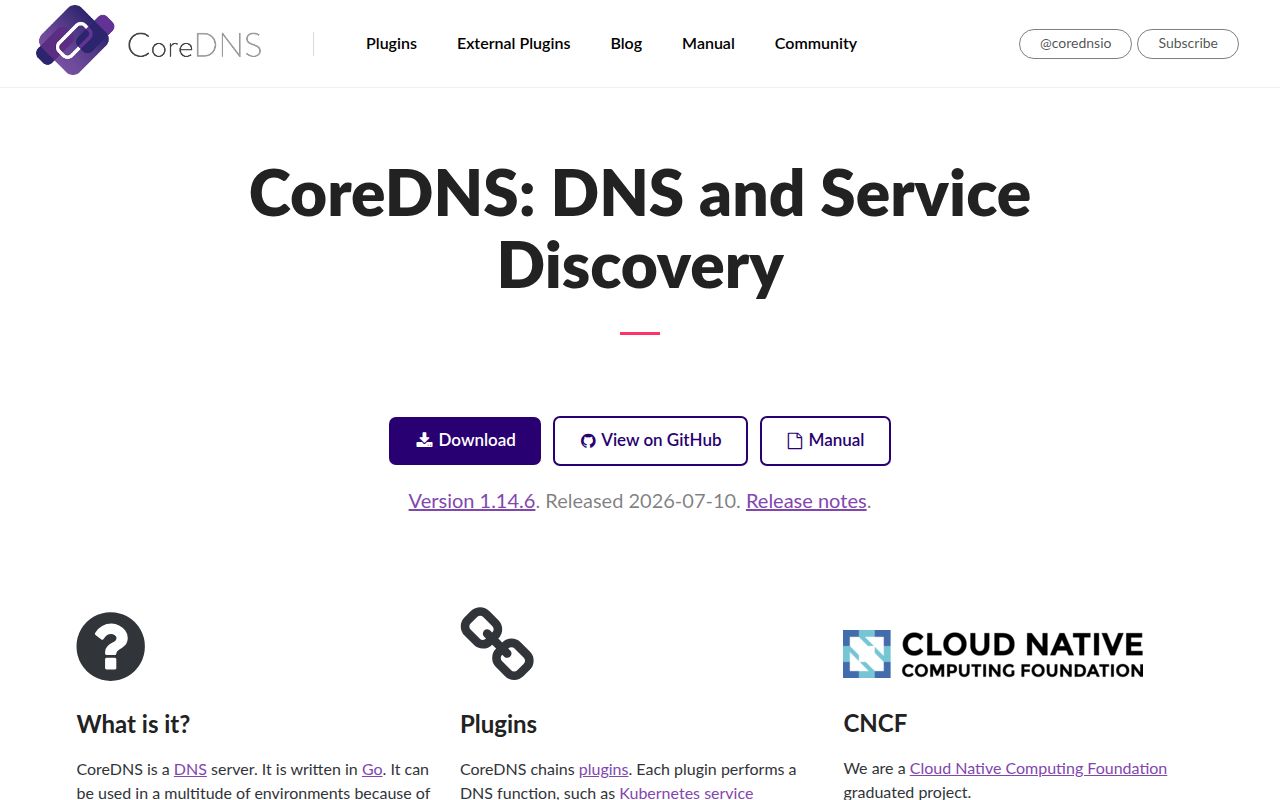 Screenshot of coredns (coredns.io)