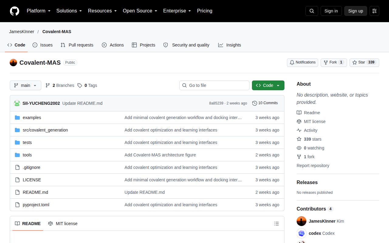 Screenshot of Covalent-MAS (github.com/JamesKInner/Covalent-MAS)