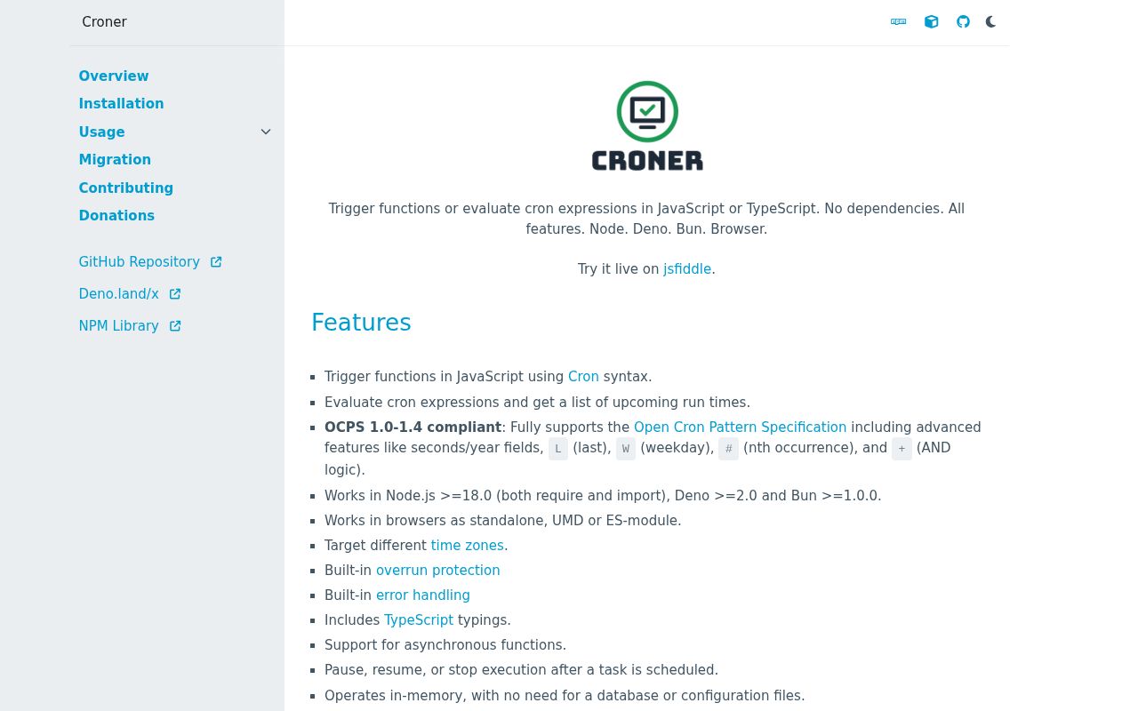 Screenshot of croner documentation