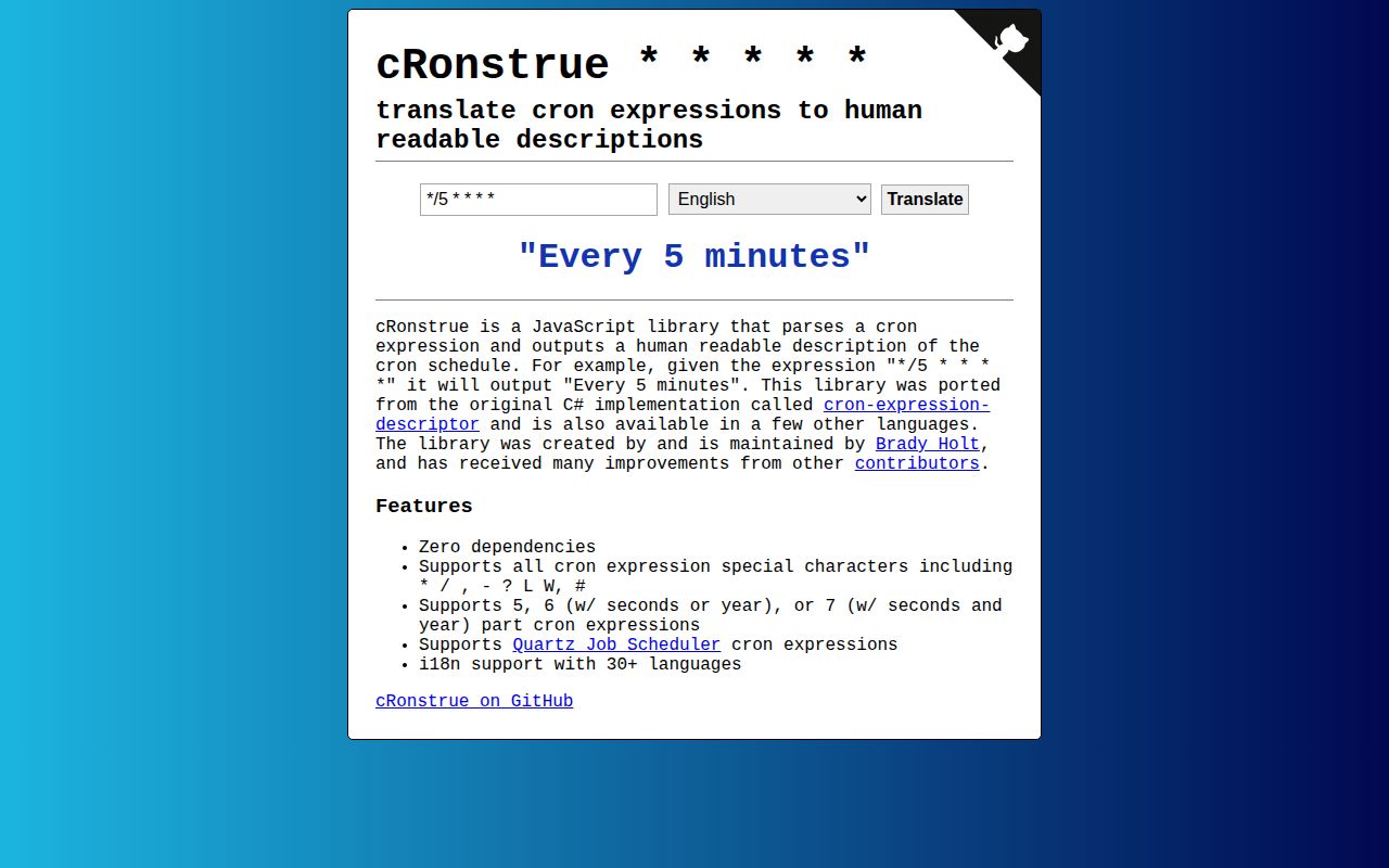 Screenshot of cronstrue documentation