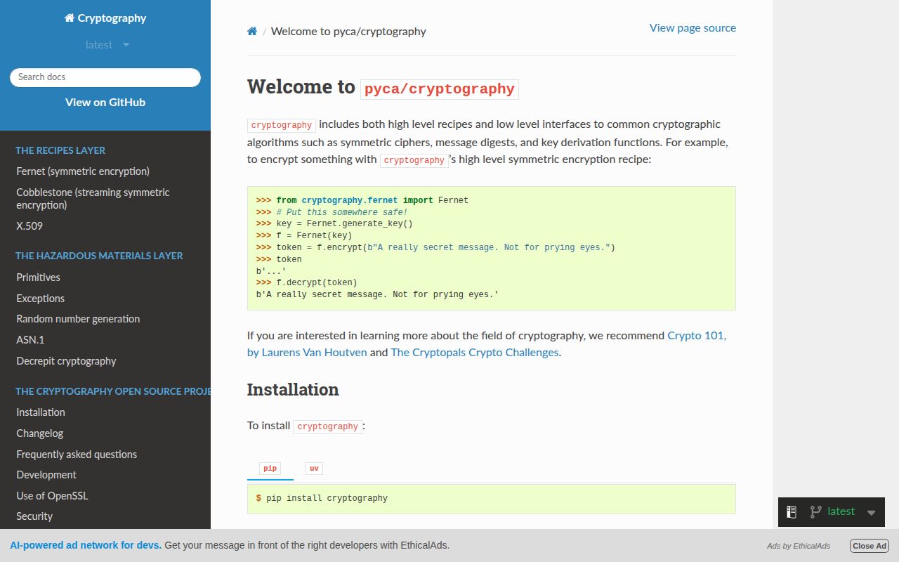 Screenshot of cryptography documentation