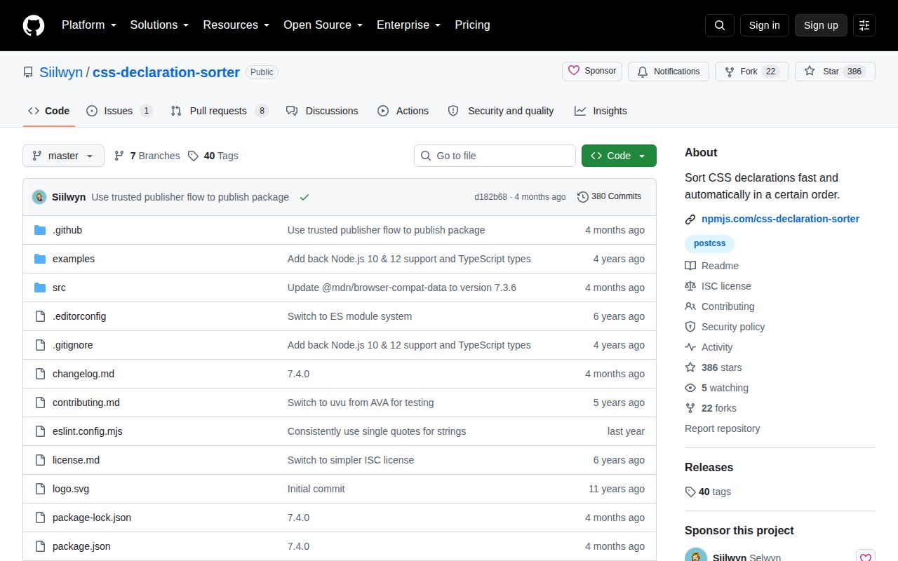 Screenshot of css-declaration-sorter documentation