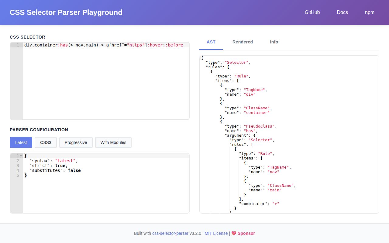 Screenshot of css-selector-parser documentation