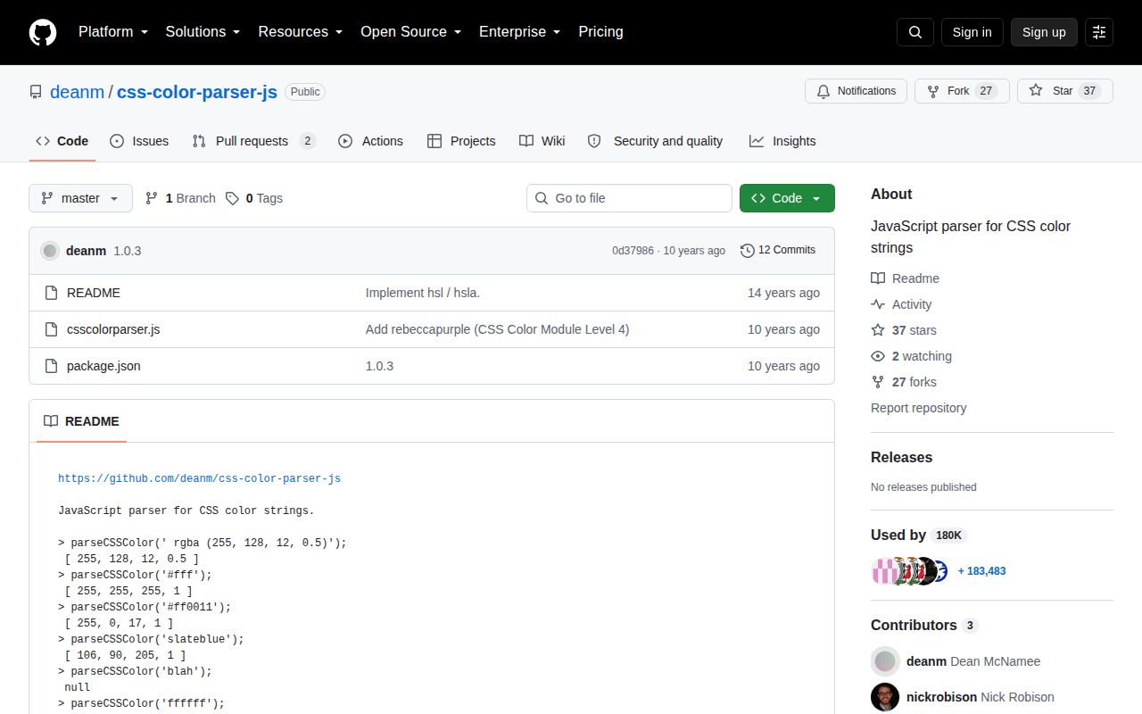 Screenshot of csscolorparser documentation