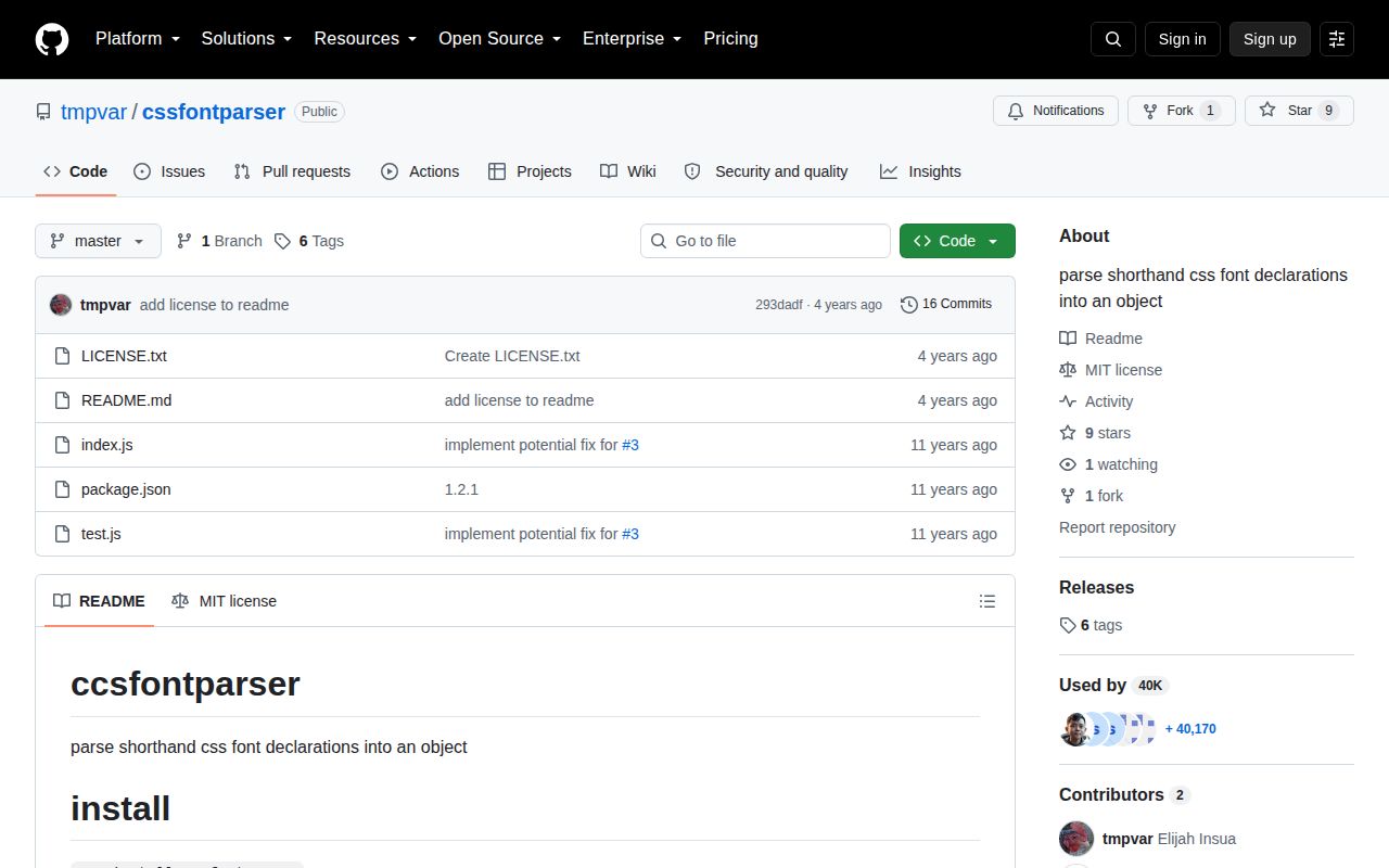 Screenshot of cssfontparser documentation