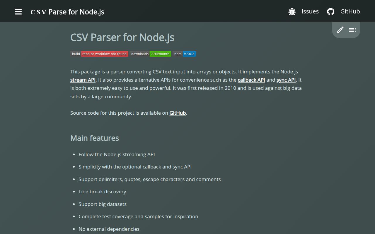 Screenshot of csv-parse documentation