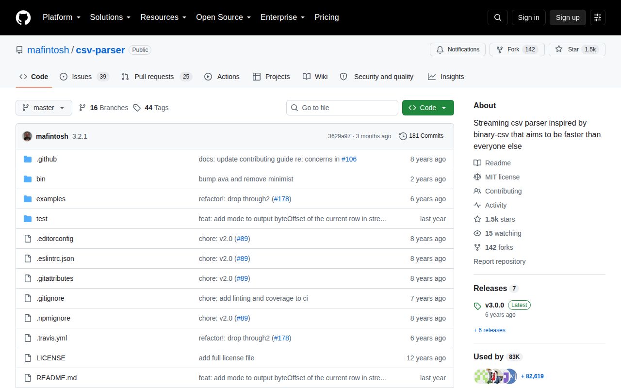 Screenshot of csv-parser documentation