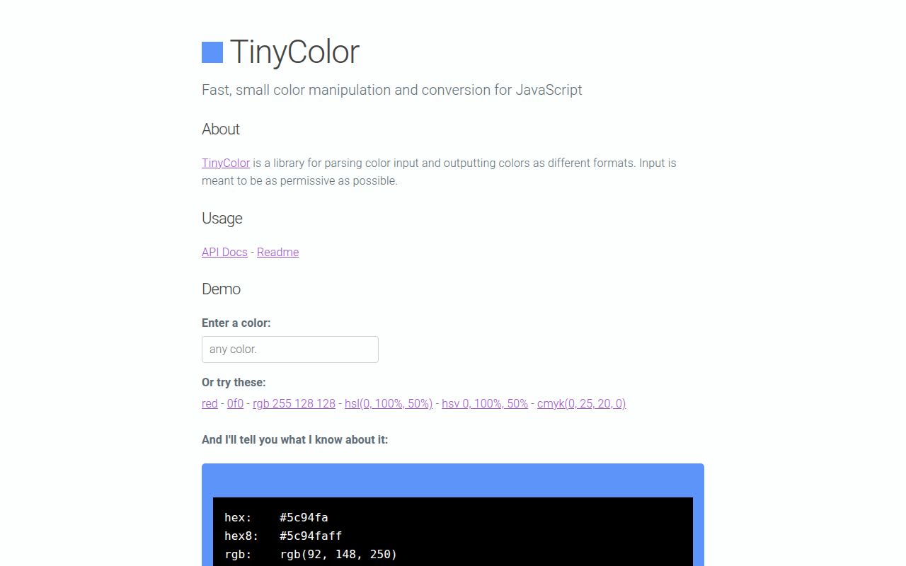 Screenshot of @ctrl/tinycolor documentation