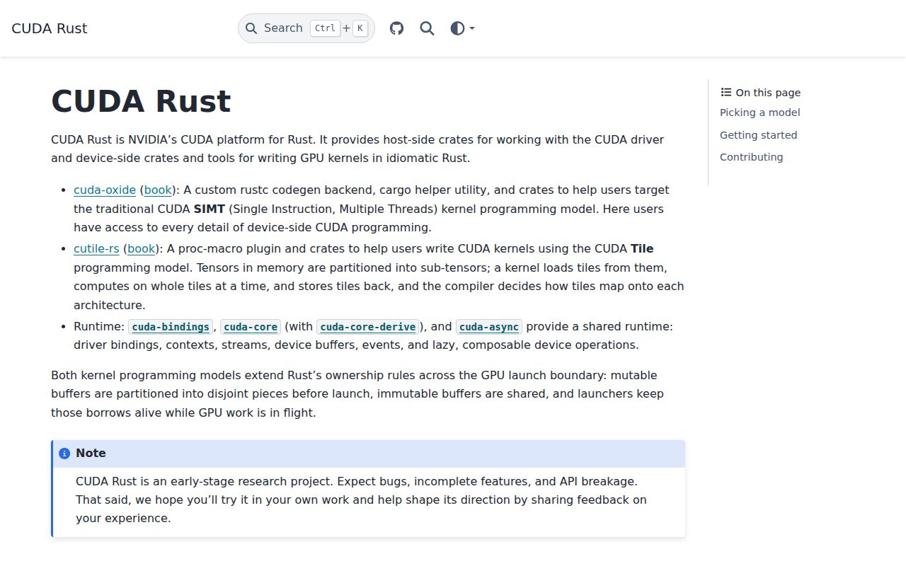 Screenshot of cuda-rust (nvidia.github.io/cuda-rust)