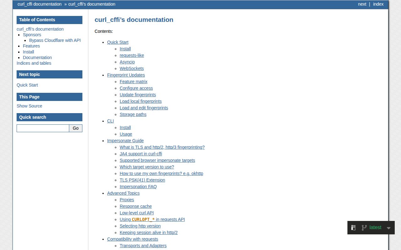 Screenshot of curl-cffi documentation