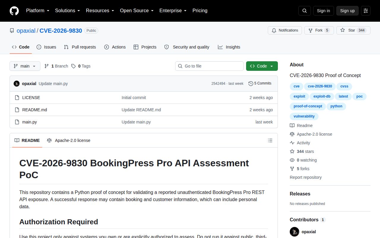 Screenshot of CVE-2026-9830 (github.com/opaxial/CVE-2026-9830)