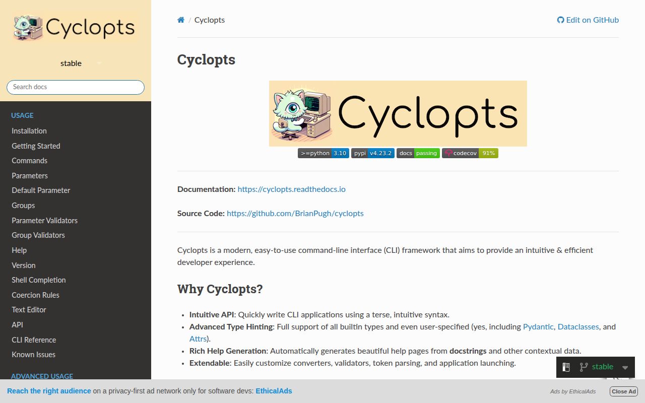 Screenshot of cyclopts documentation