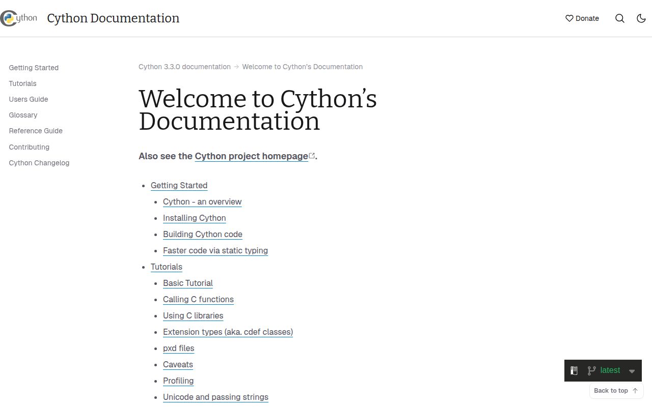 Screenshot of cython documentation