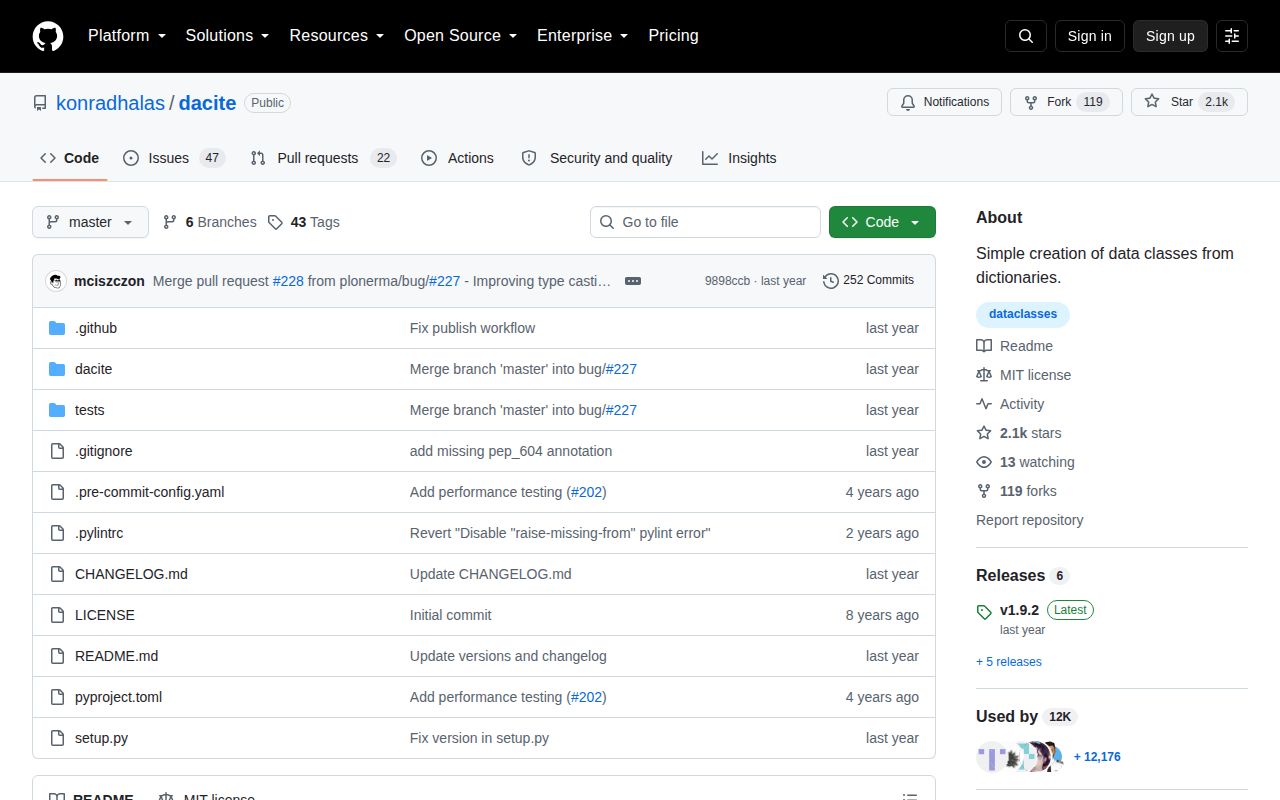 Screenshot of dacite documentation