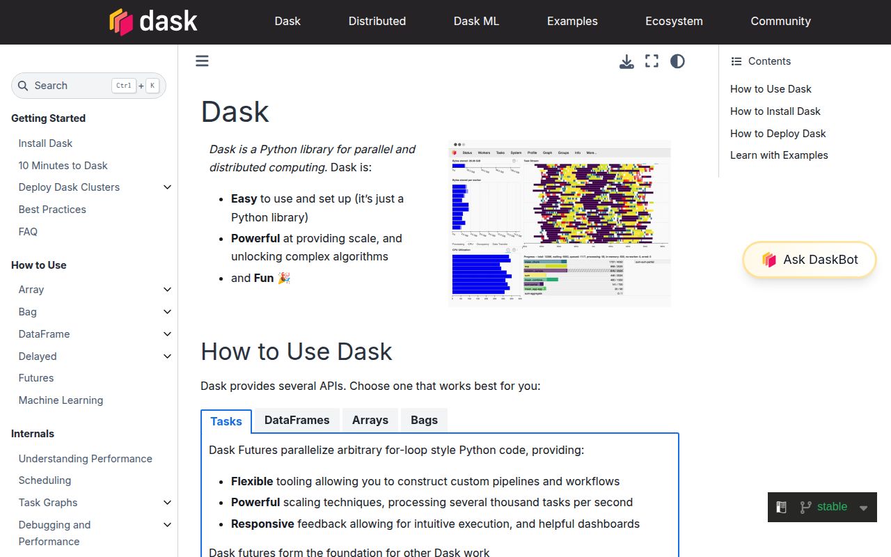 Screenshot of dask documentation