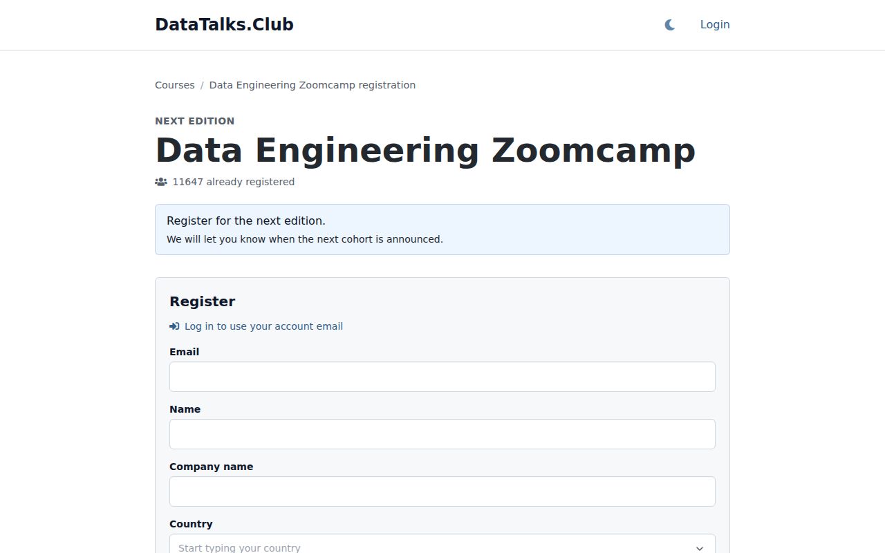 Screenshot of data-engineering-zoomcamp (courses.datatalks.club/register/de-zoomcamp)
