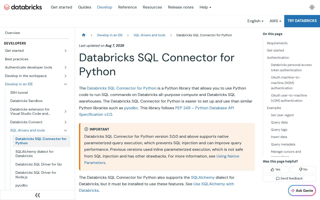 Screenshot of databricks-sql-connector documentation