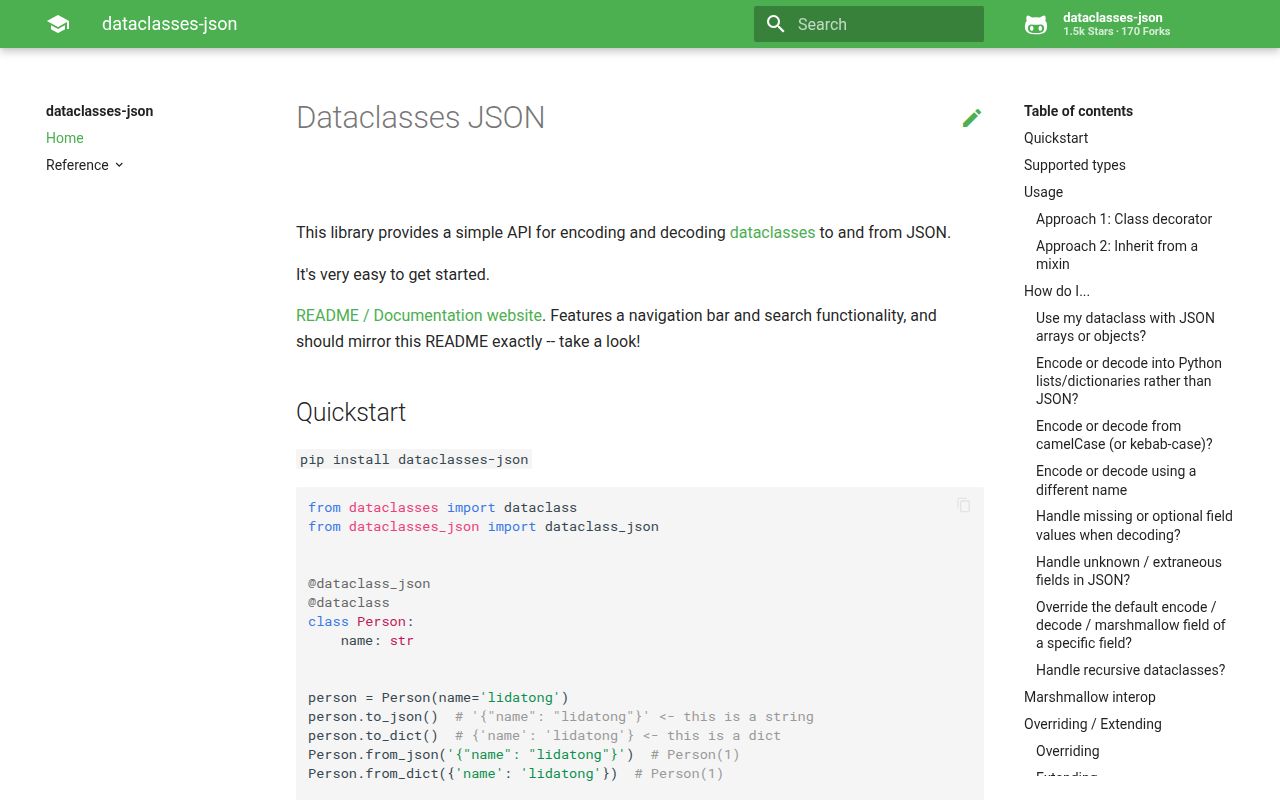 Screenshot of dataclasses-json documentation