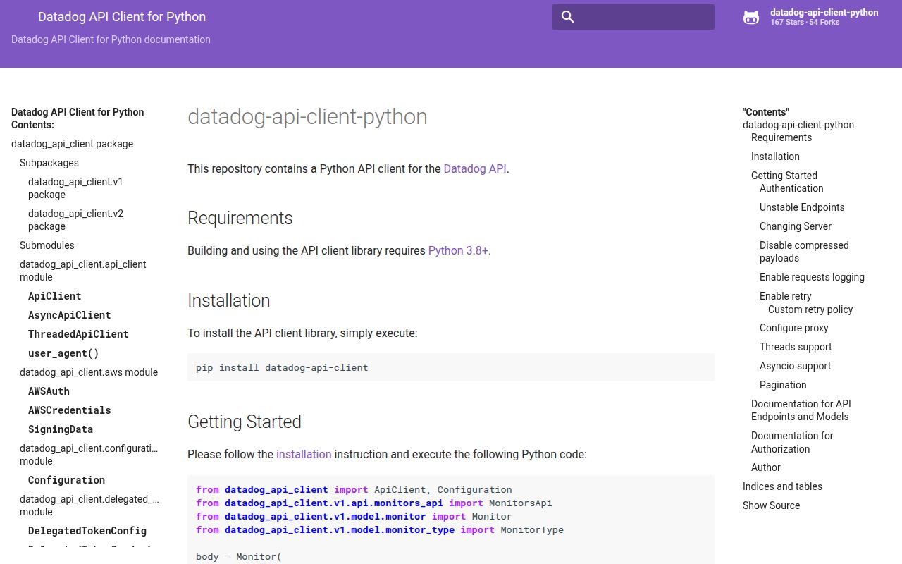 Screenshot of datadog-api-client documentation