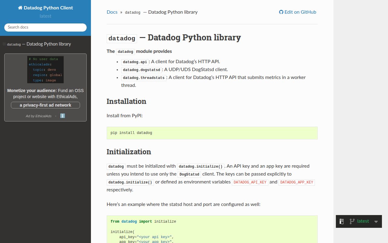 Screenshot of datadog documentation