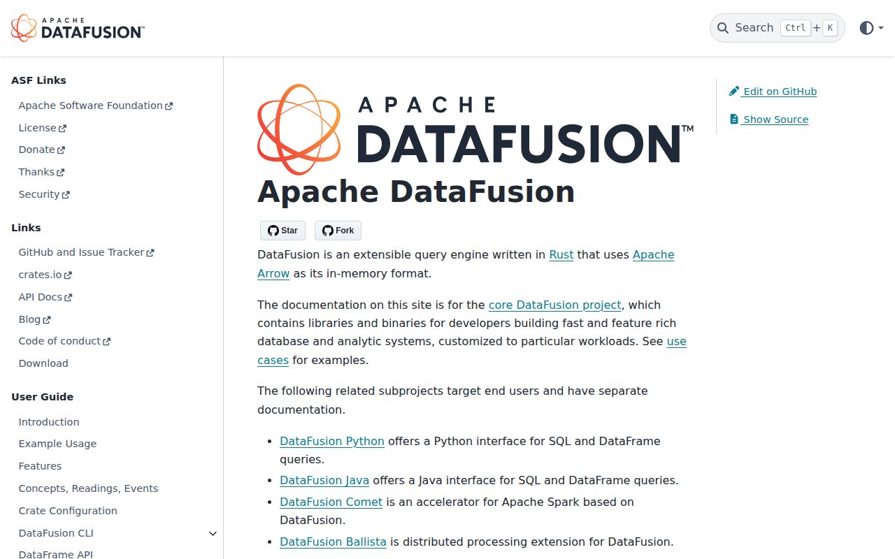 Screenshot of datafusion (datafusion.apache.org)