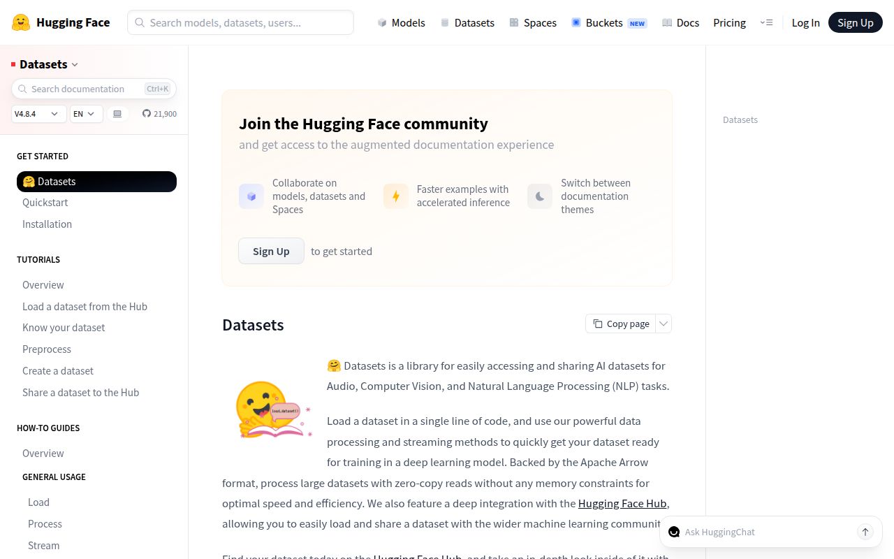 Screenshot of datasets (huggingface.co/docs/datasets)