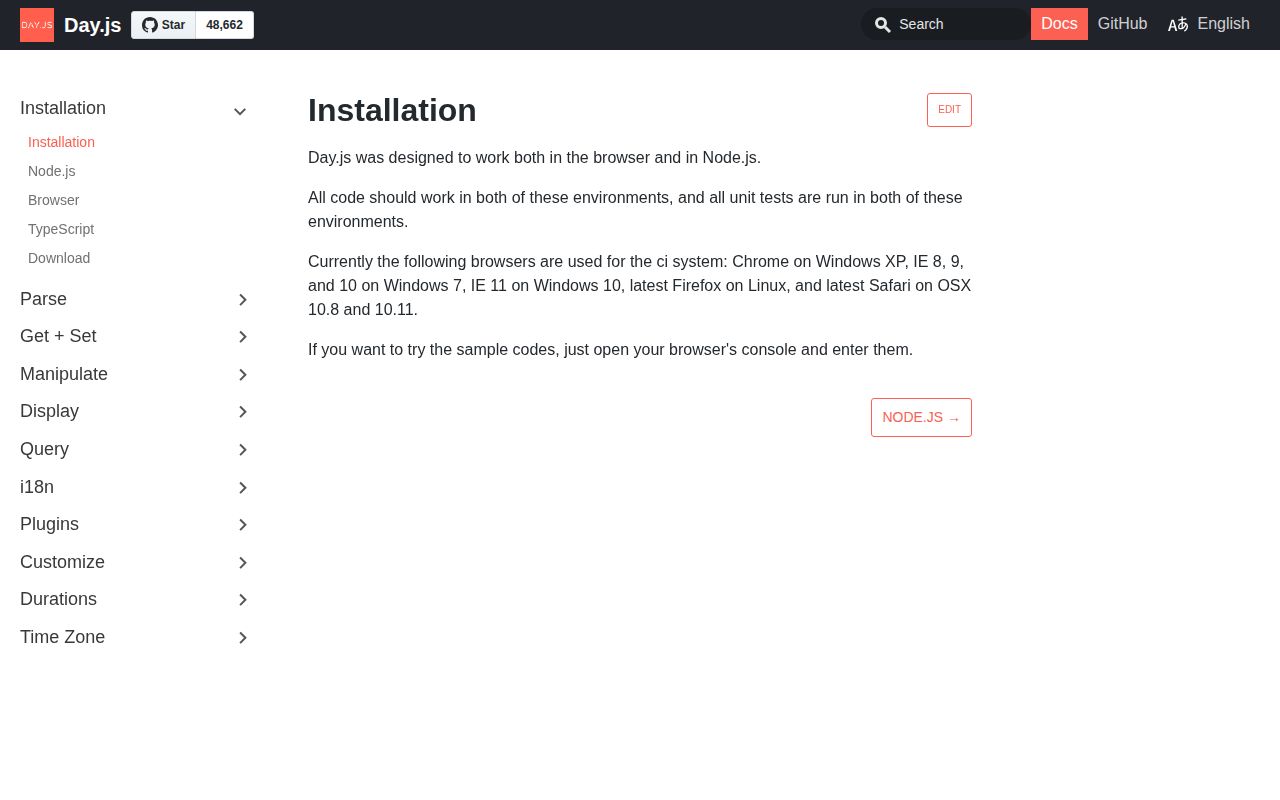 Screenshot of dayjs documentation