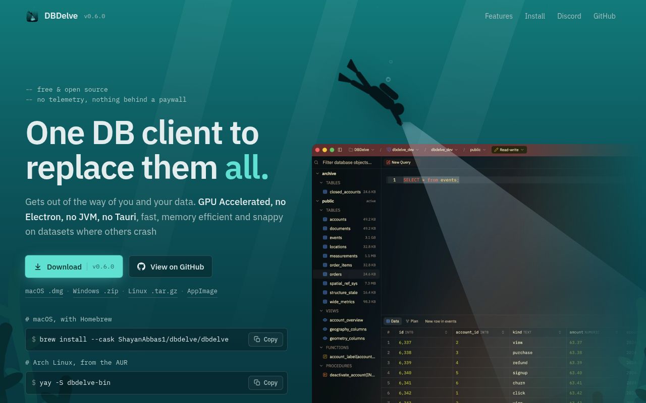 Screenshot of dbdelve (dbdelve.github.io)