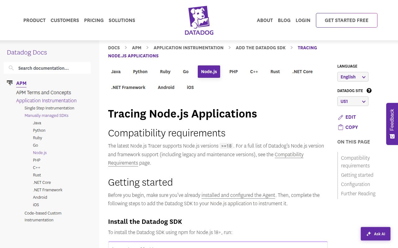 Screenshot of dd-trace documentation