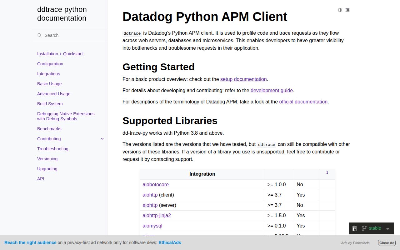 Screenshot of ddtrace documentation