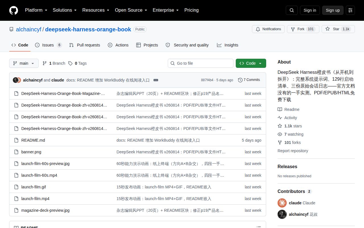 Screenshot of deepseek-harness-orange-book (github.com/alchaincyf/deepseek-harness-orange-book)