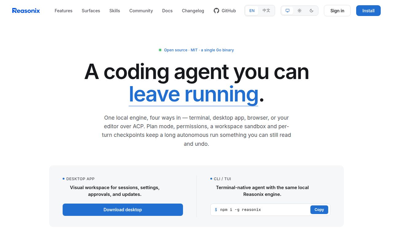 Screenshot of DeepSeek-Reasonix (reasonix.io)