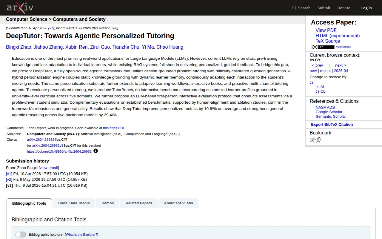 Screenshot of DeepTutor (arxiv.org/abs/2604.26962)