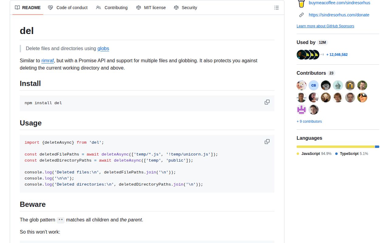 Screenshot of del documentation