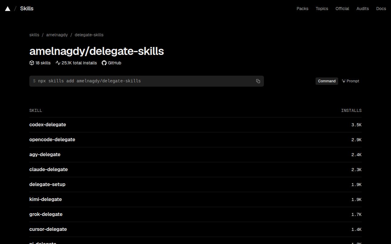 Screenshot of delegate-skills (www.skills.sh/amelnagdy/delegate-skills)