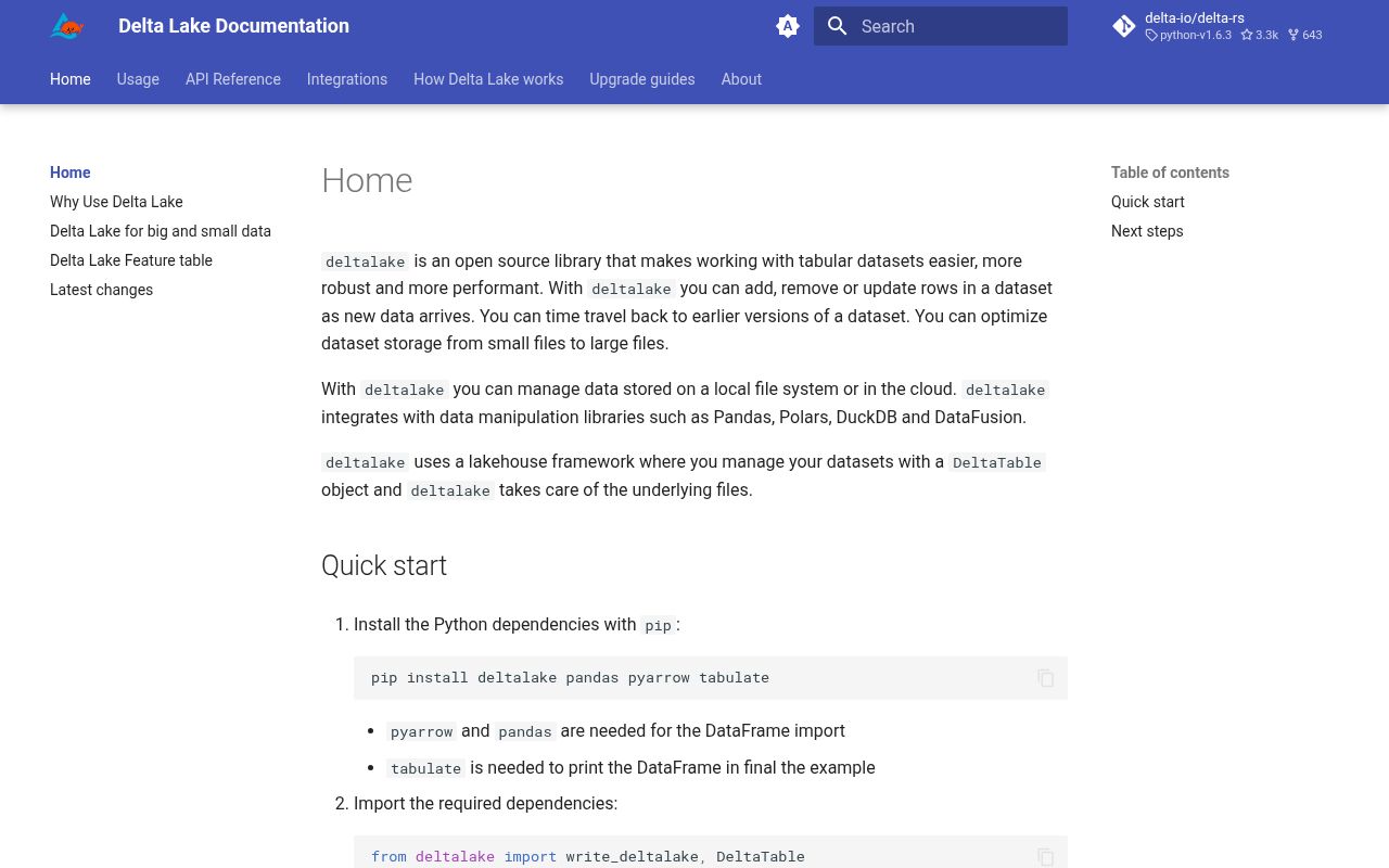 Screenshot of deltalake documentation