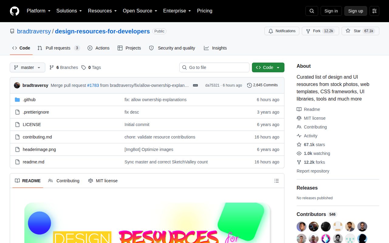Screenshot of design-resources-for-developers (github.com/bradtraversy/design-resources-for-developers)
