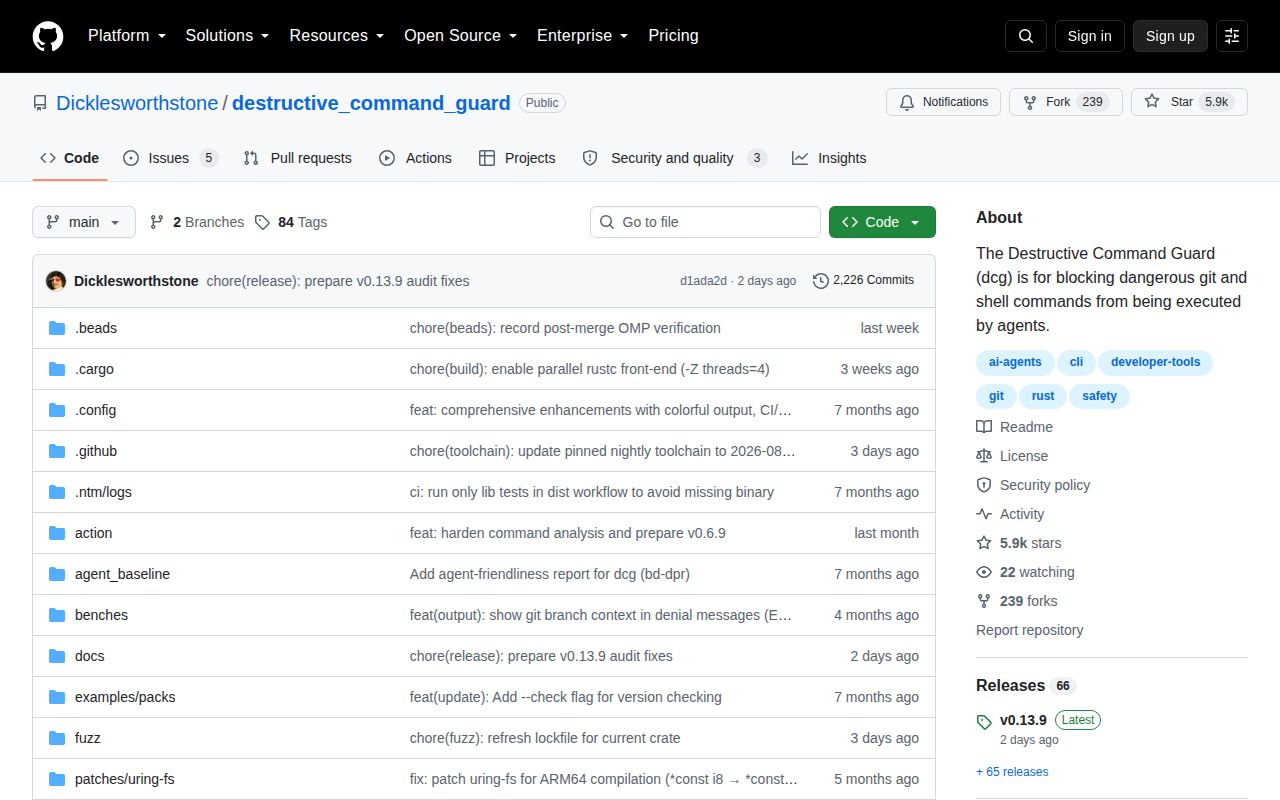 Screenshot of destructive_command_guard (github.com/Dicklesworthstone/destructive_command_guard)