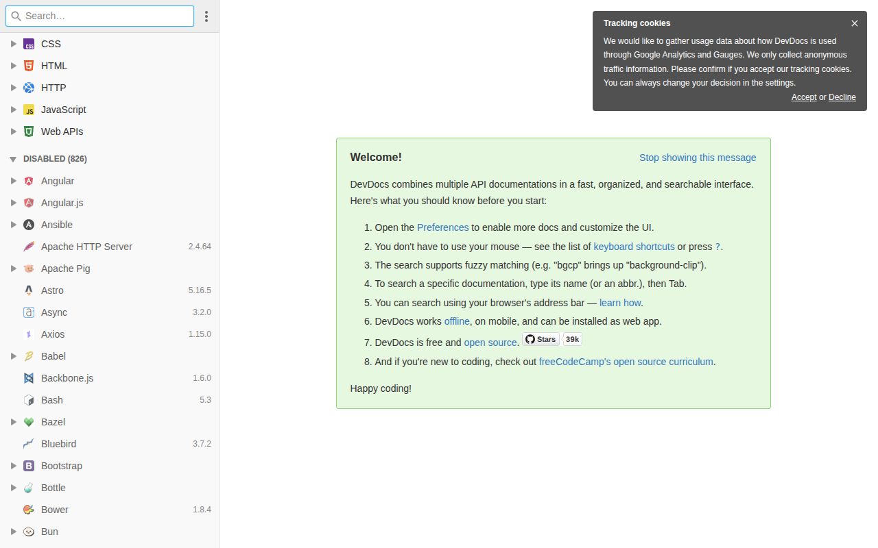 Screenshot of devdocs (devdocs.io)