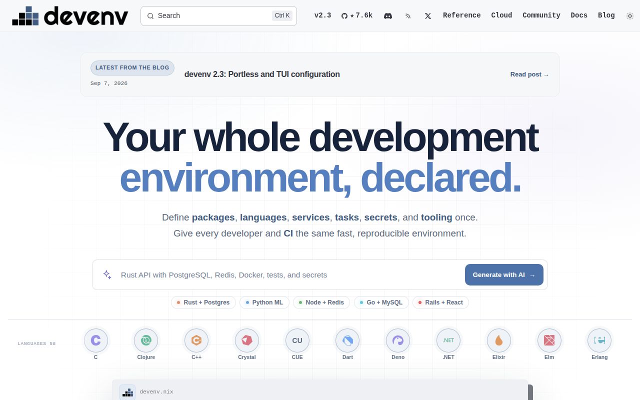 Screenshot of devenv (devenv.sh)
