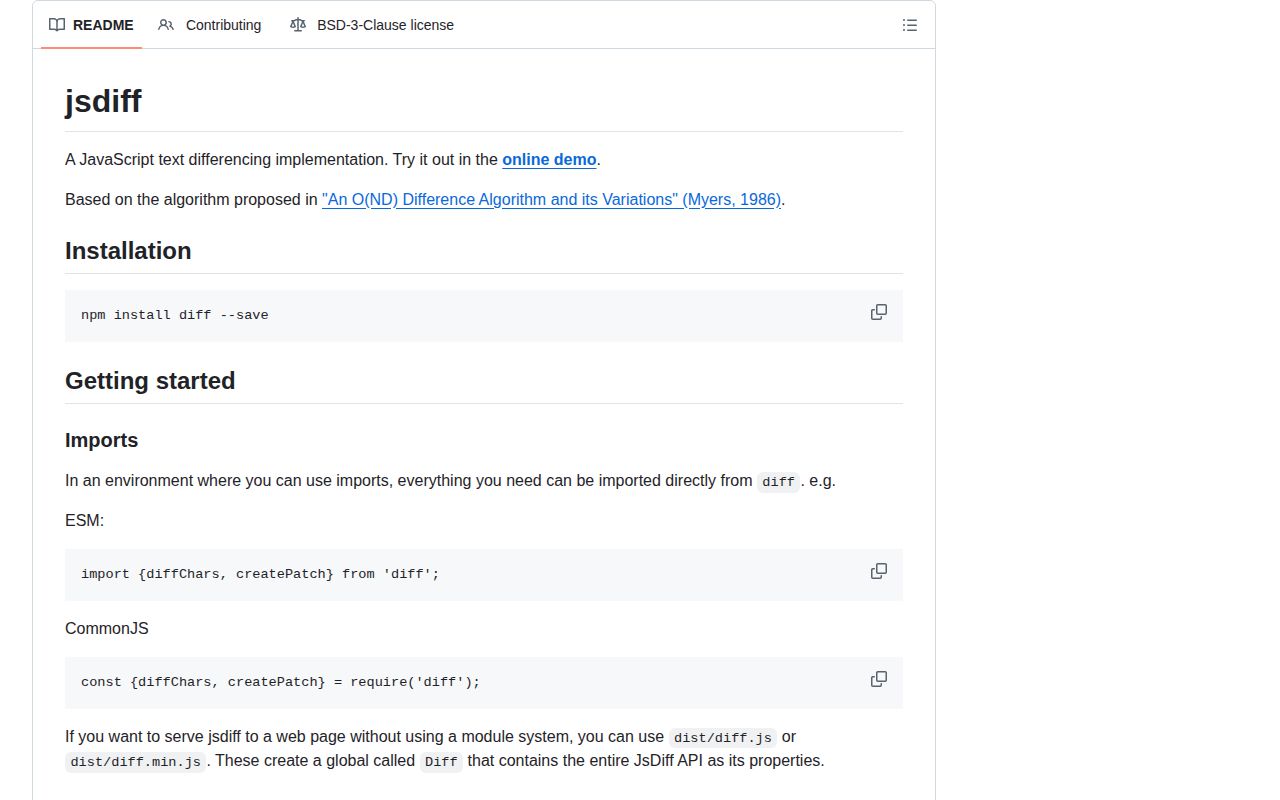 Screenshot of diff documentation