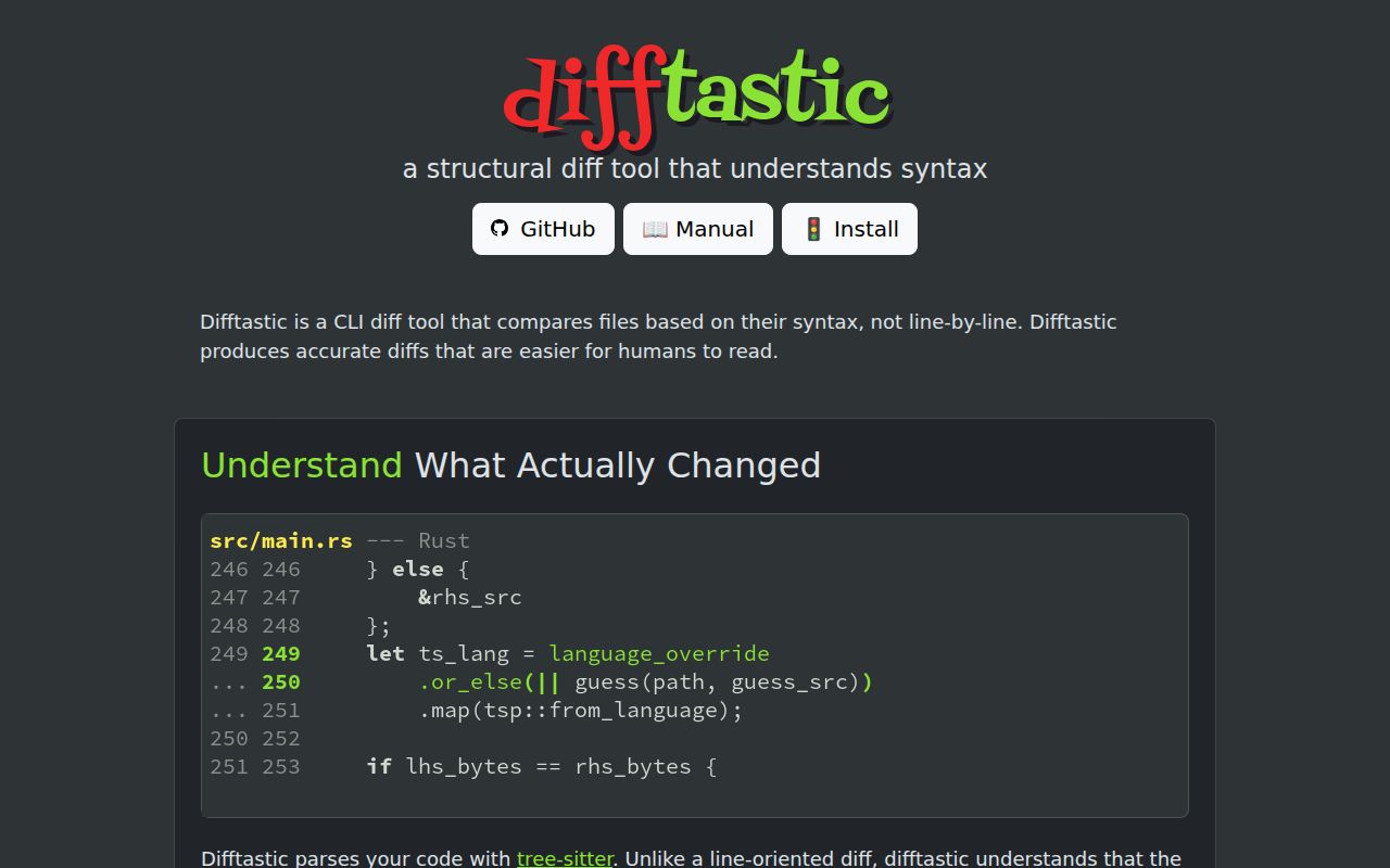 Screenshot of difftastic (difftastic.wilfred.me.uk)
