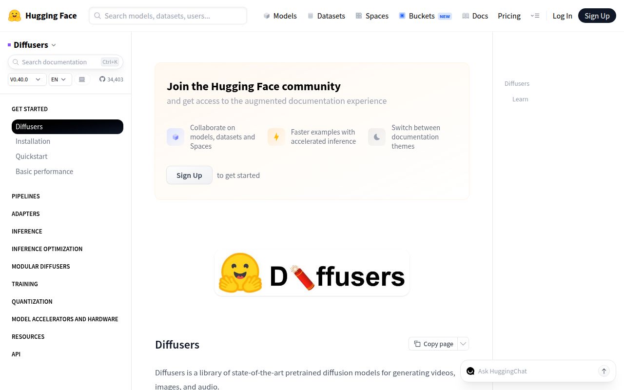 Screenshot of diffusers (huggingface.co/docs/diffusers)